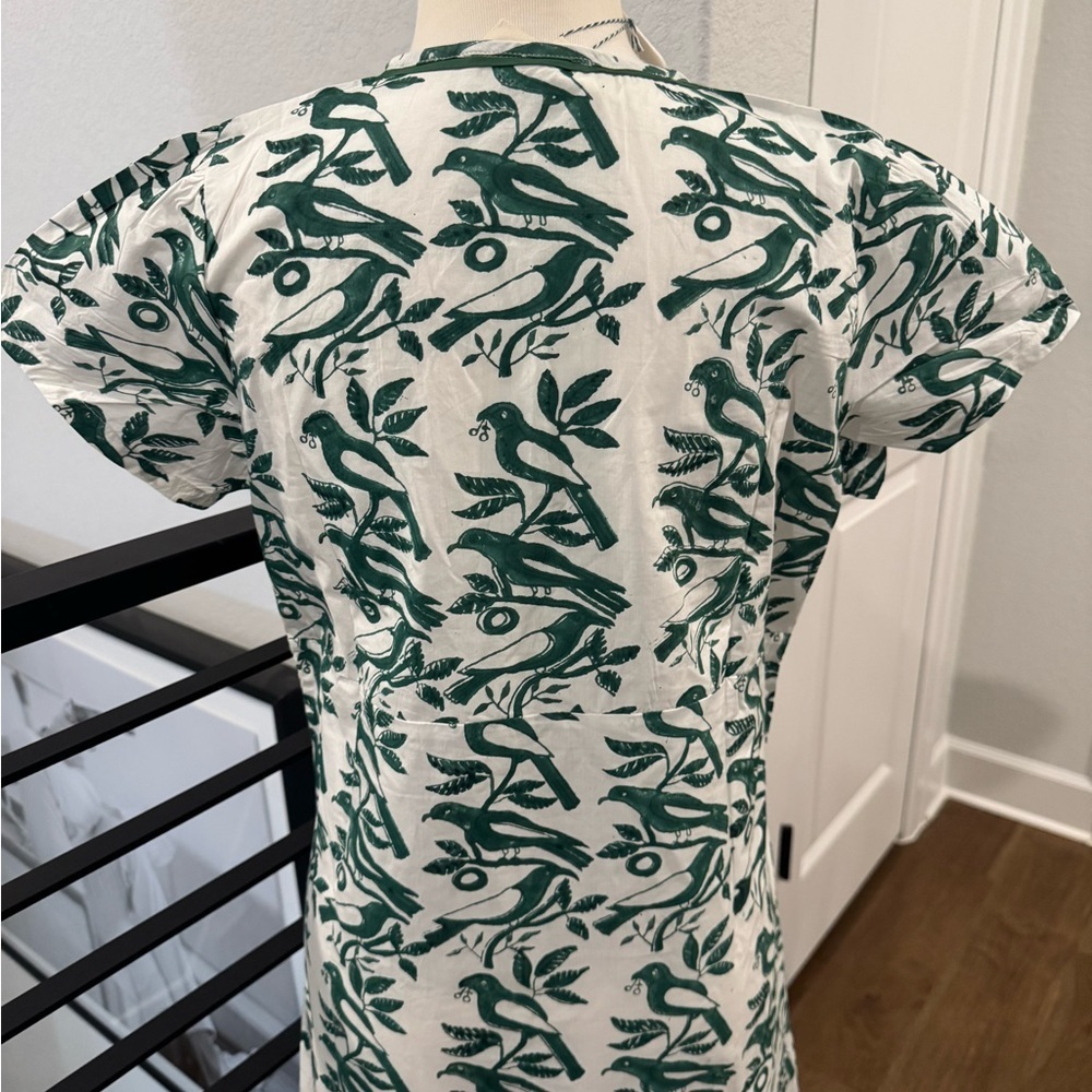 NWT Ex Voto 100% Cotton White Green Bird Block Printed Maxi Dress Green SZ M - Picture 8 of 12